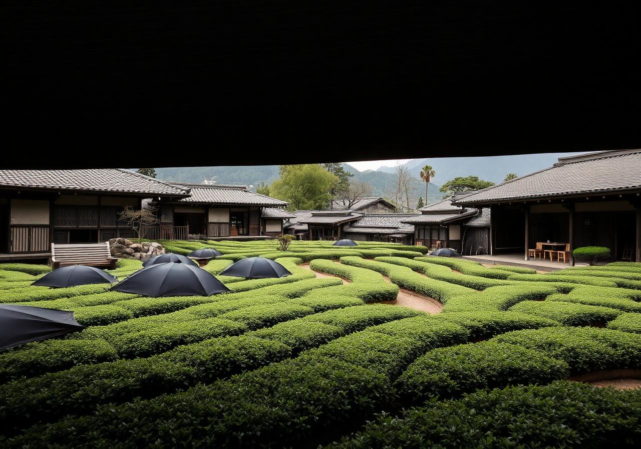 Jardín de tencha en Uji con cubiertas tana de tela negra